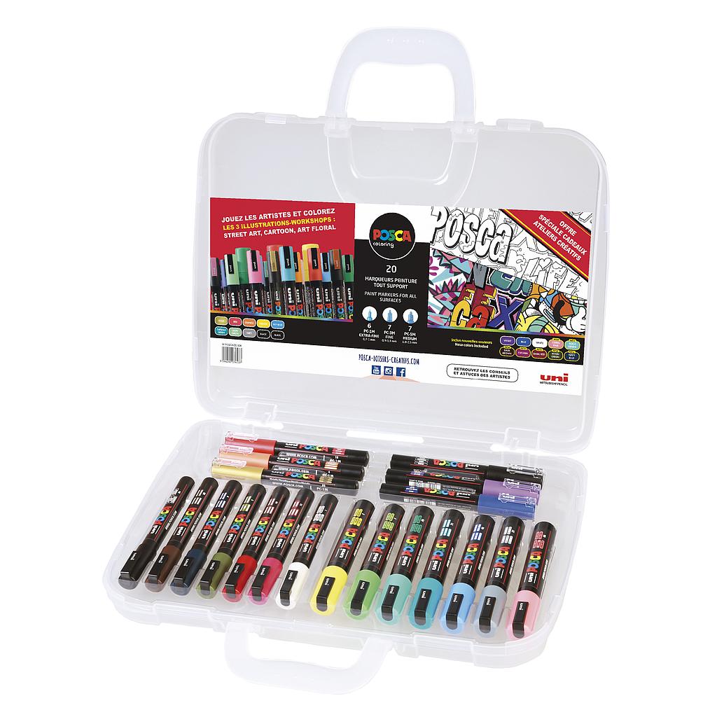 Mallette blanche de 20 marqueurs Posca - assortiment couleurs et pointes