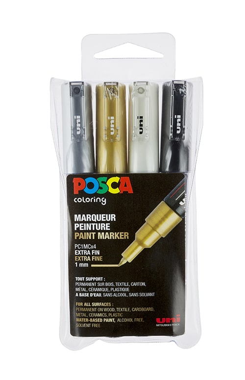 Set 4 marqueurs Posca PC1M pointe conique extra-fine - Noir, Blanc, Or et Argent