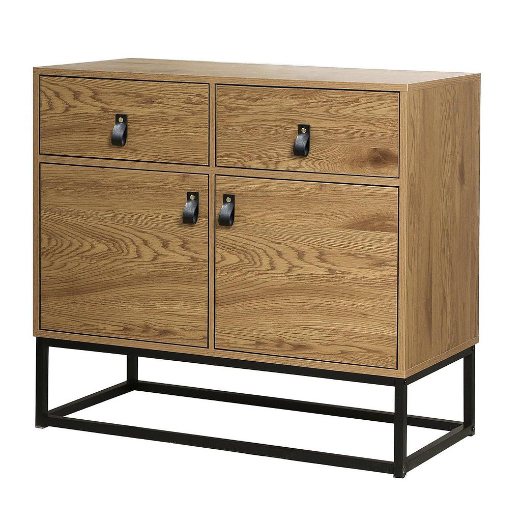 Commode 2 portes 2 tiroirs décor chêne piétement métal noir