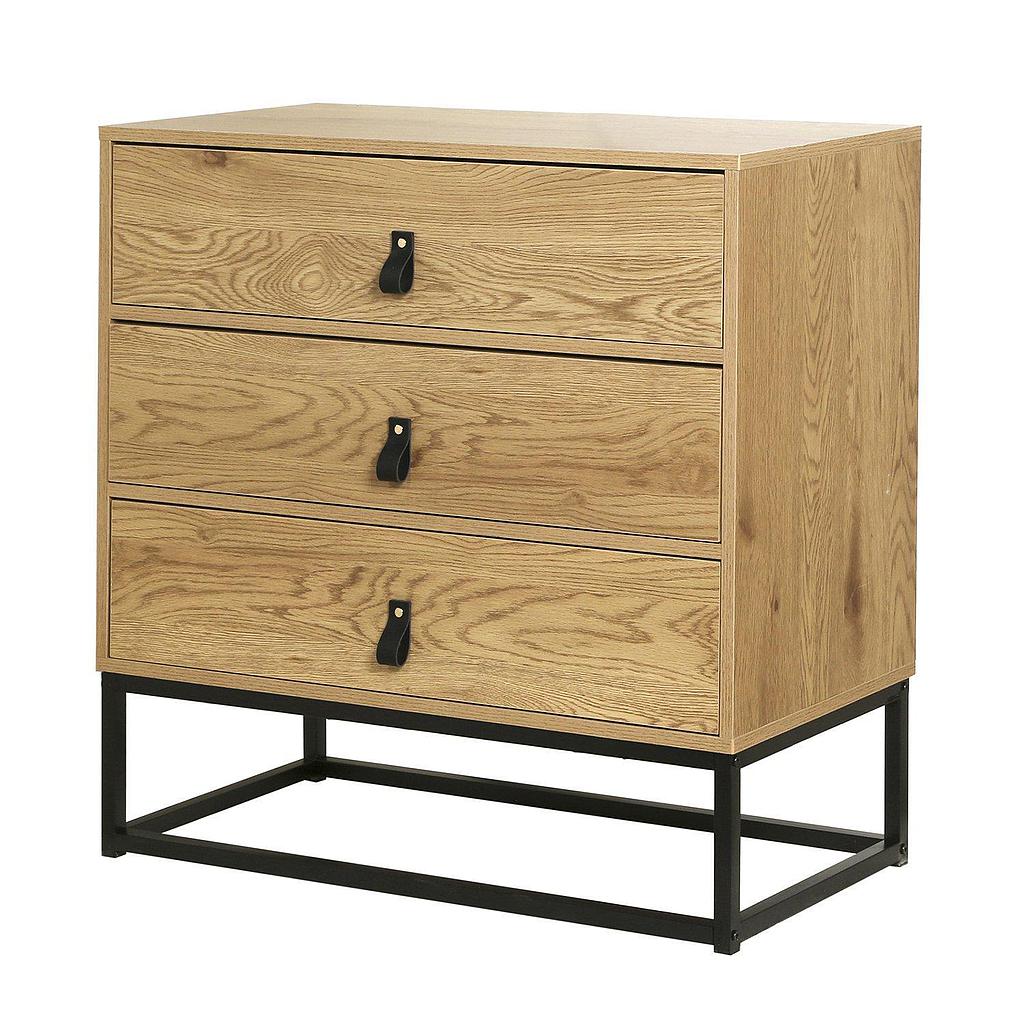Commode décor chêne 3 tiroirs piétement métal noir