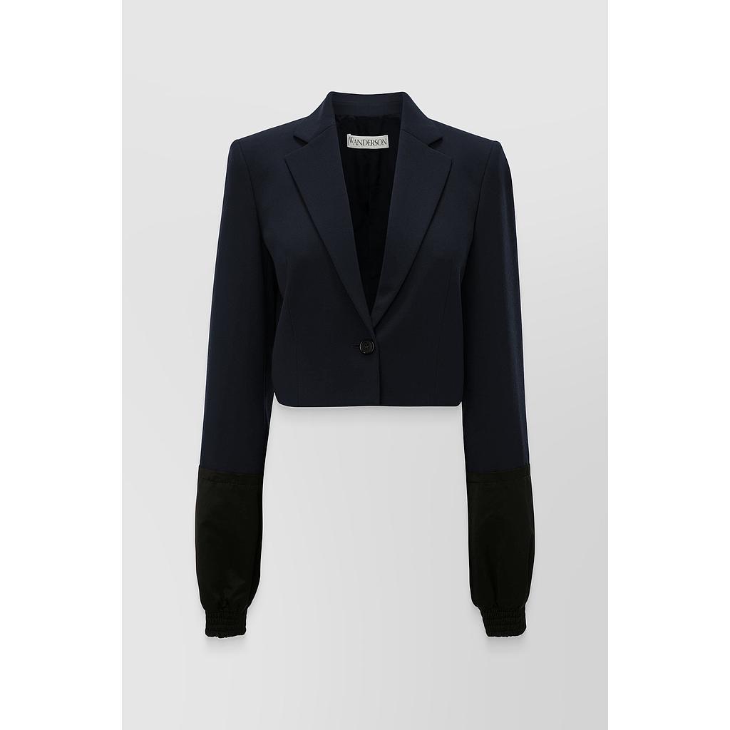 Cropped contrast sleeve twill tailored jacket
