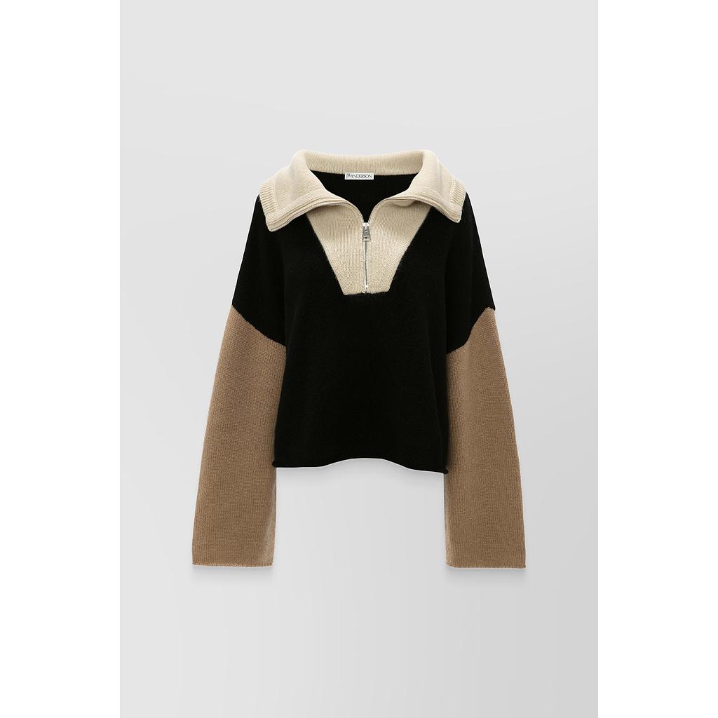 Cropped funnel neck cashmere-blend wool zip sweater