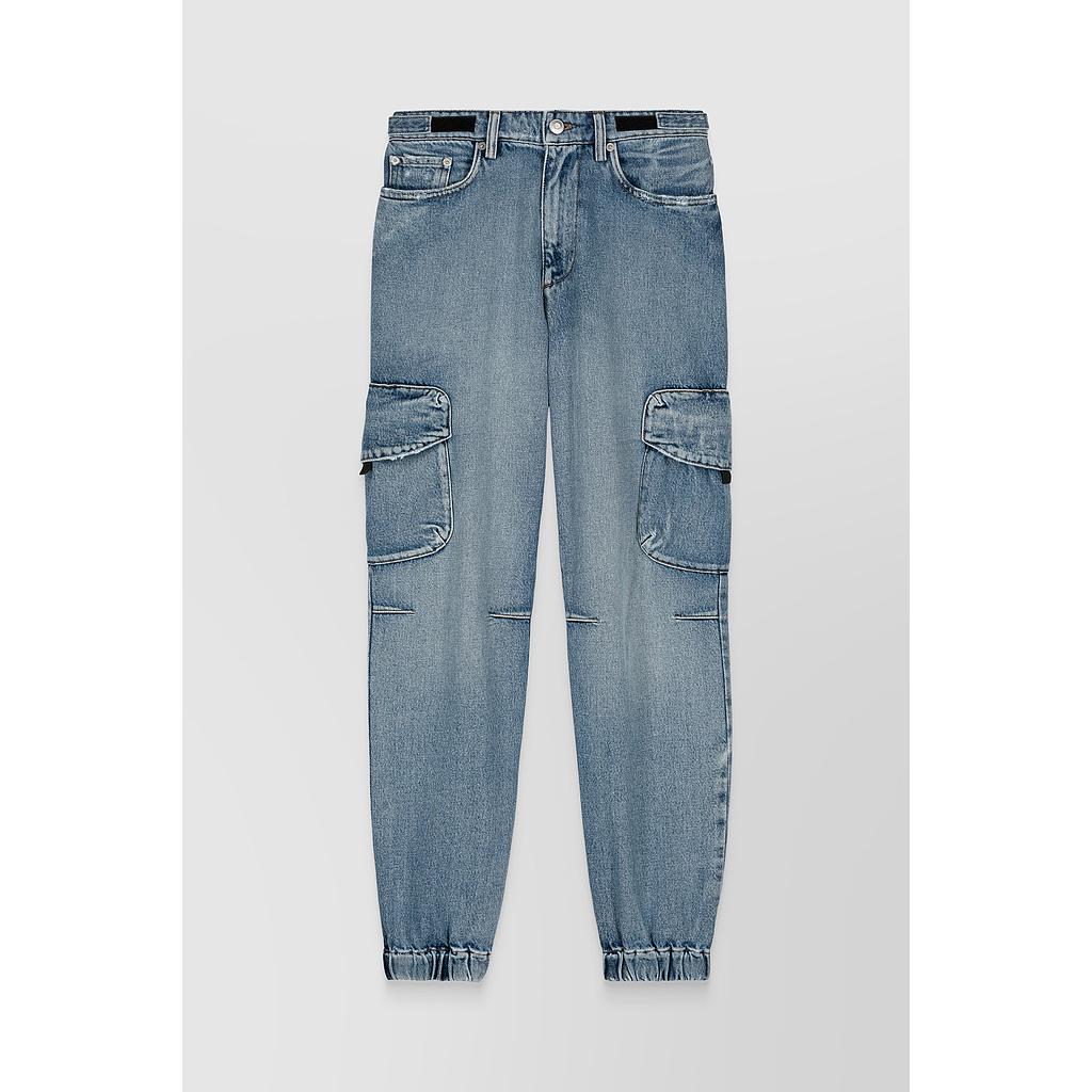 Slim fitting denim cargo pants