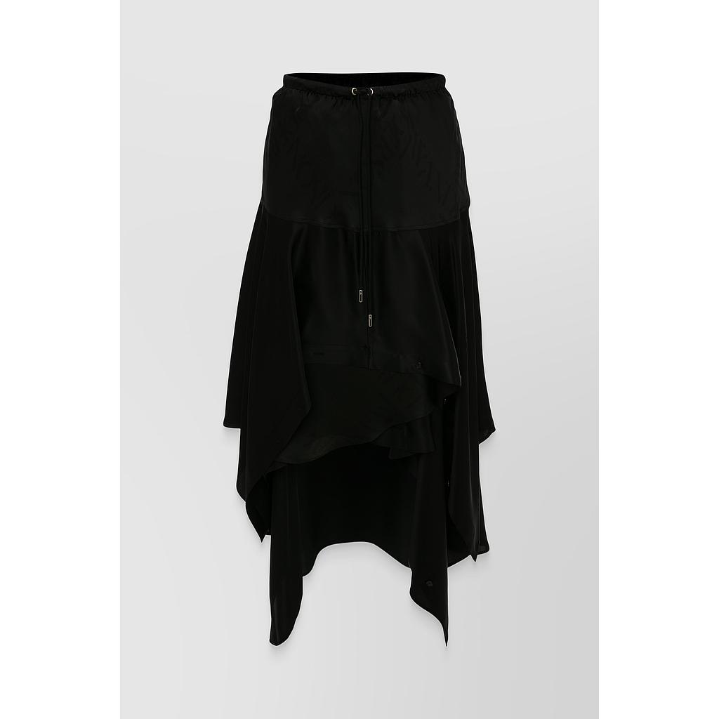 Layered asymmetric satin logo-grid midi-skirt