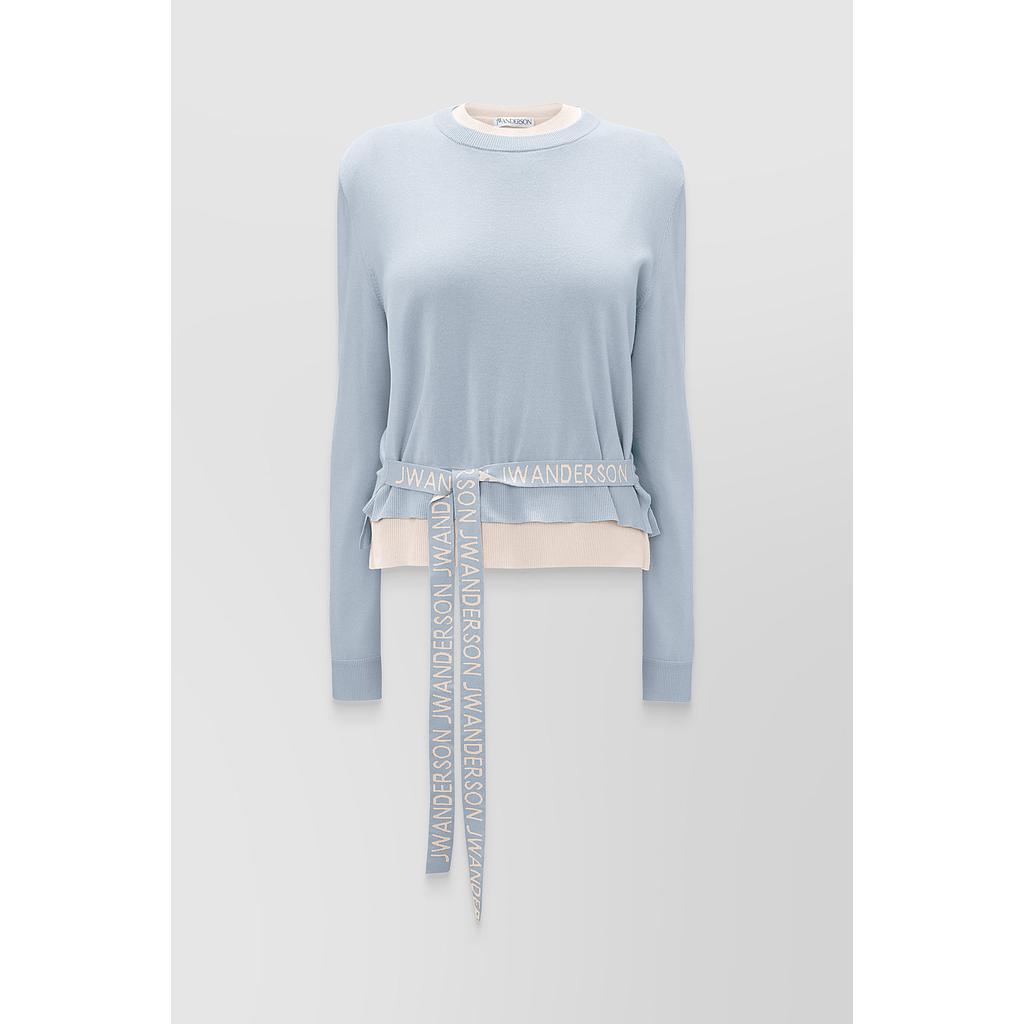 Logo tape layered crew neck cotton sweater