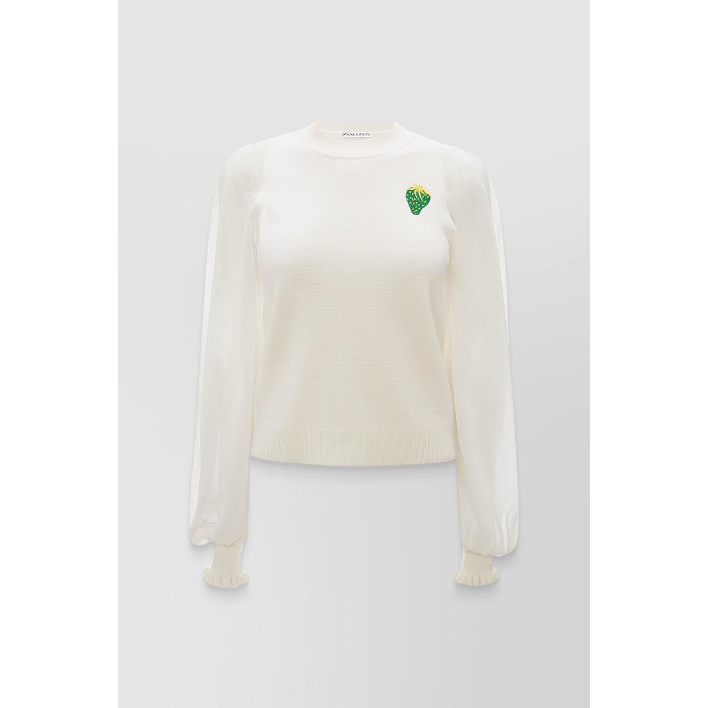 Merino wool sweater with sheer sleeves and strawberry stiching