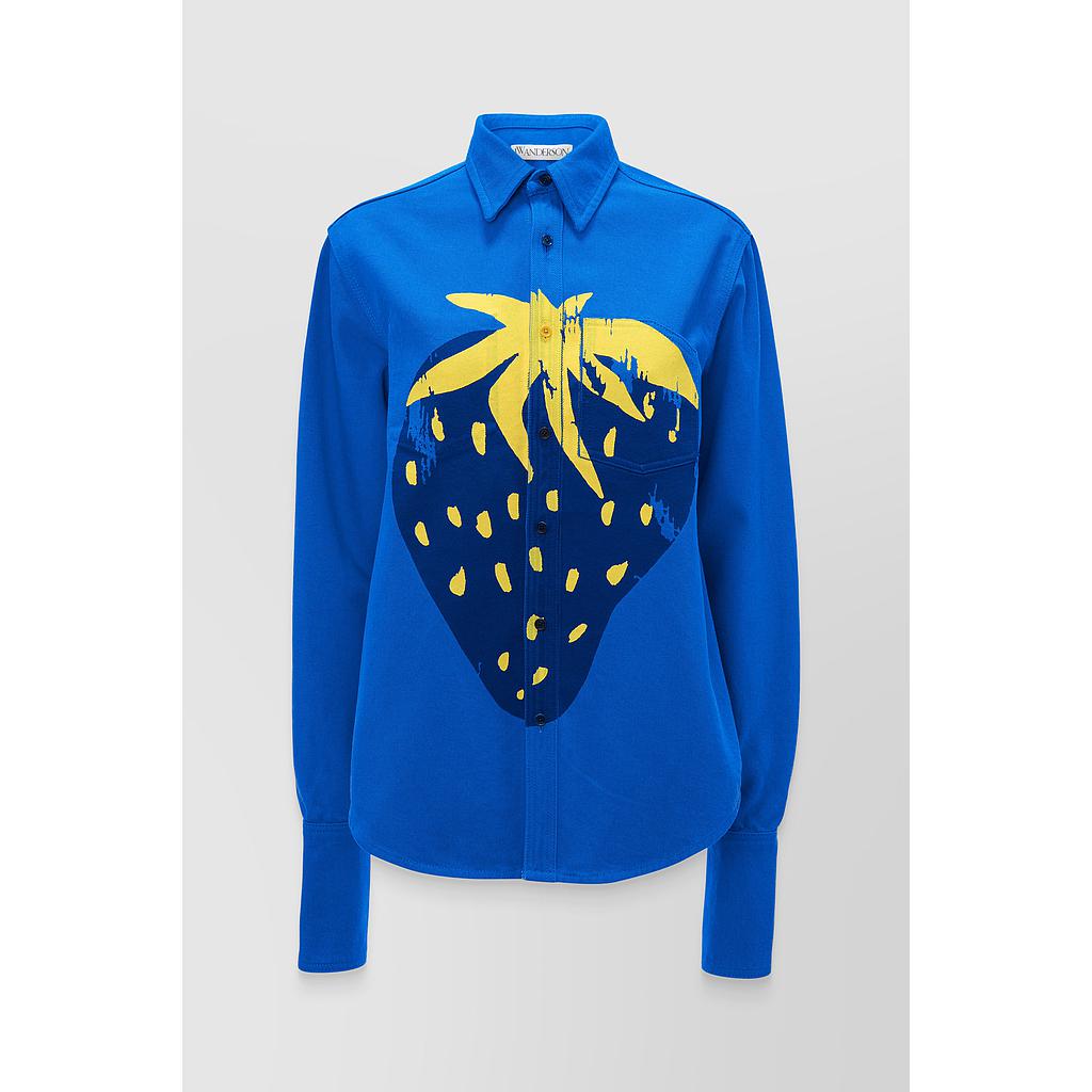 Wide raw denim strawberry print shirt