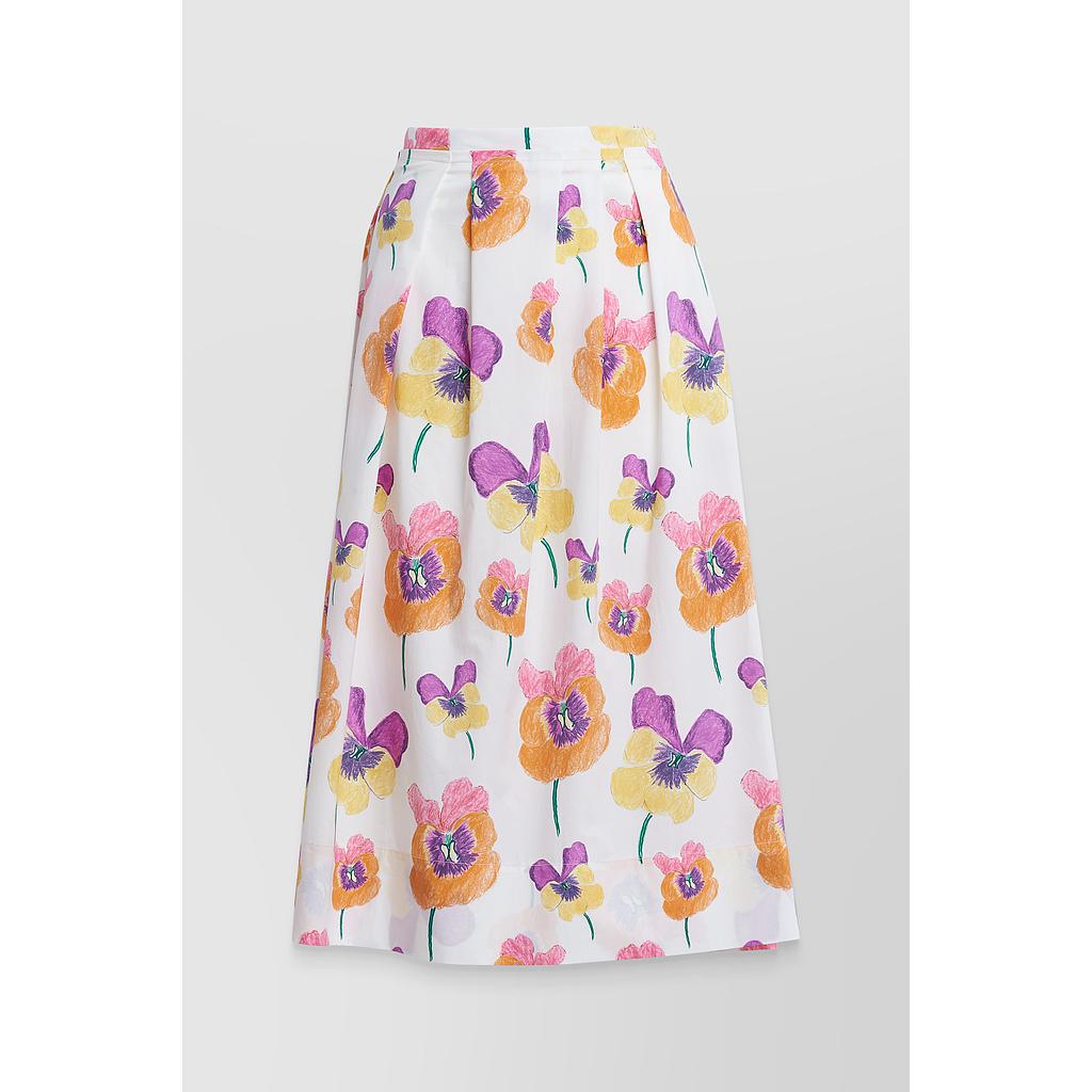 Pleated cotton midi-skirt with pansies flower print