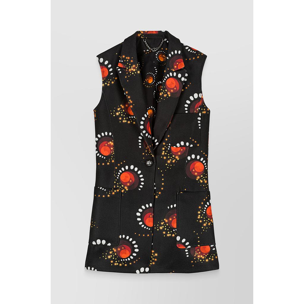 Printed 70's sleeveless tailoring long blazer