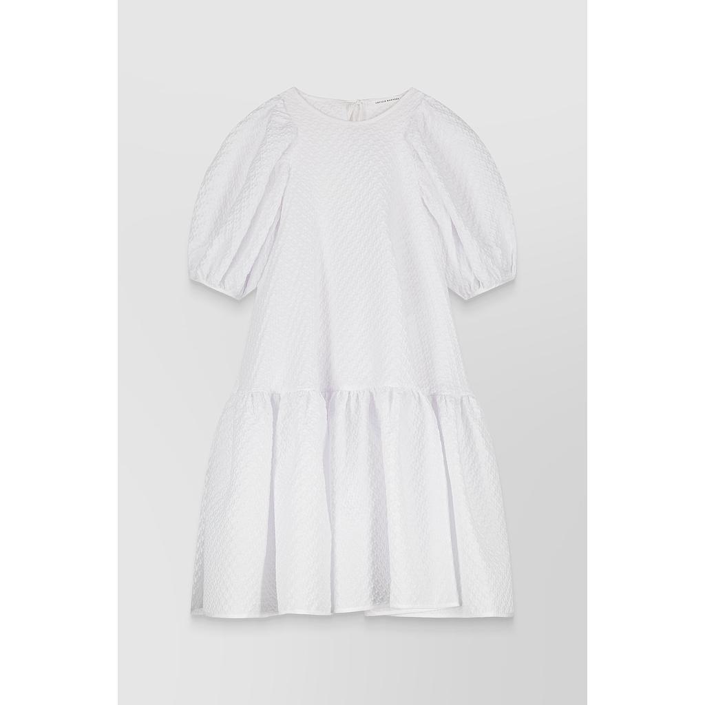 Puff sleeve cotton cloqué dress with raised back
