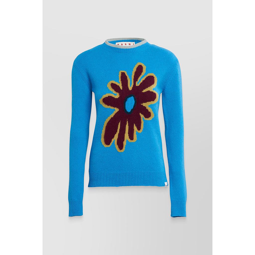 Recycled cashmere crewneck sweater with flower intarsia