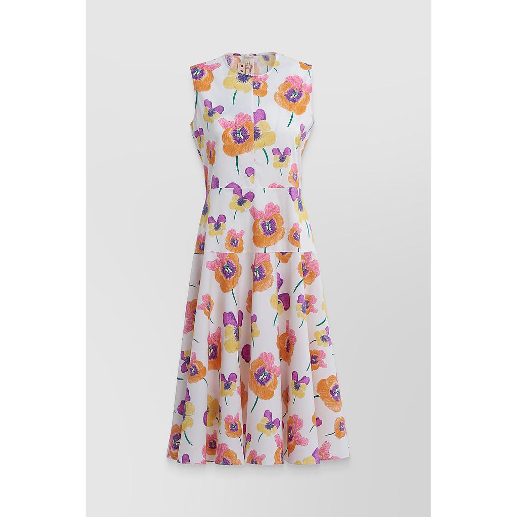 Sleeveless flowery midi cotton dress with half circle skirt