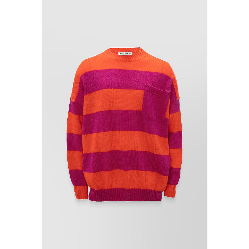 Striped patch pocket crew neck mohair-blend wool sweater