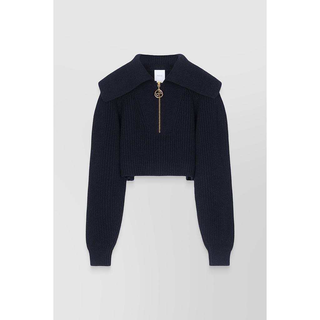 Organic wool and cotton blend cropped zip up sailor sweater