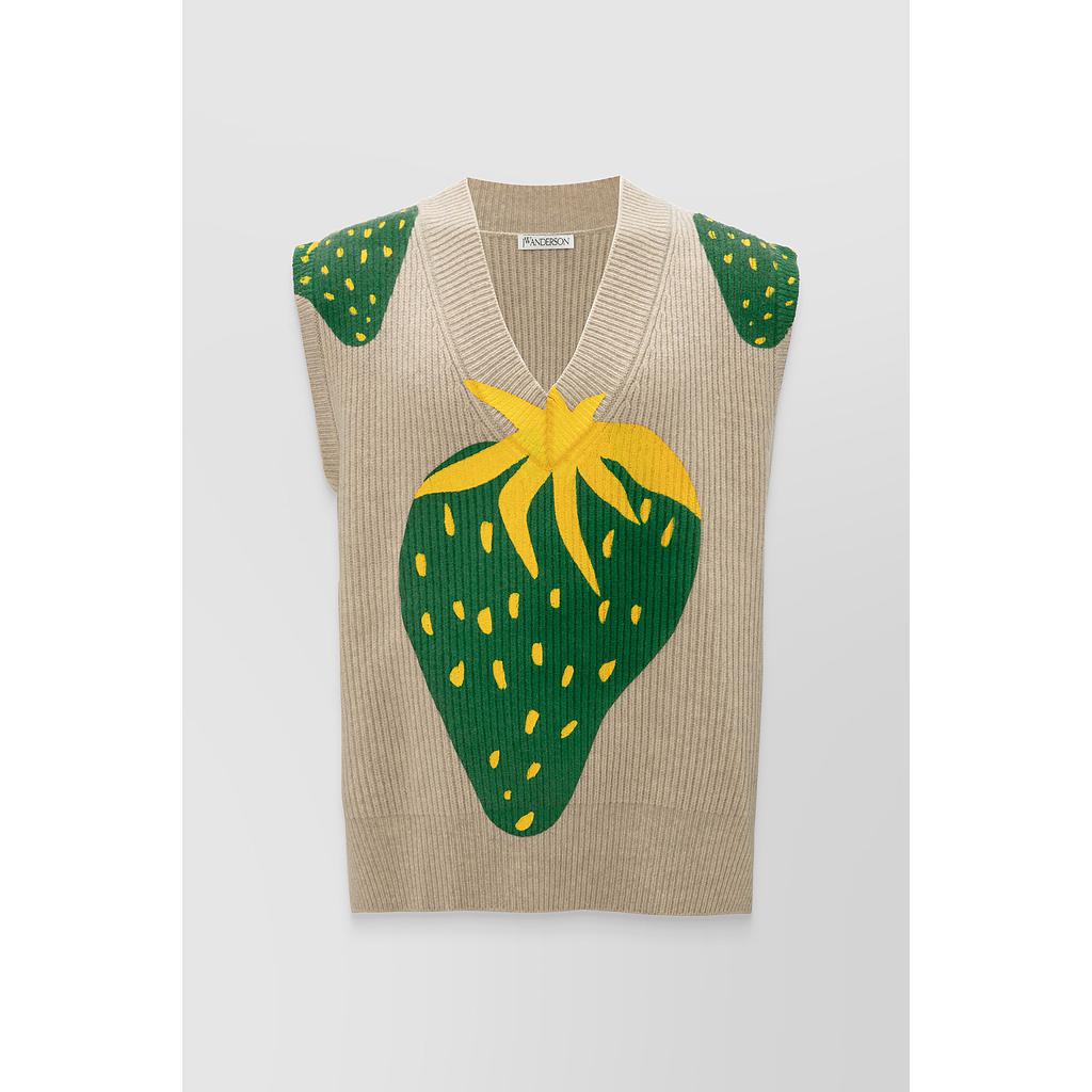 V-neck merino veste with strawberry embroidery