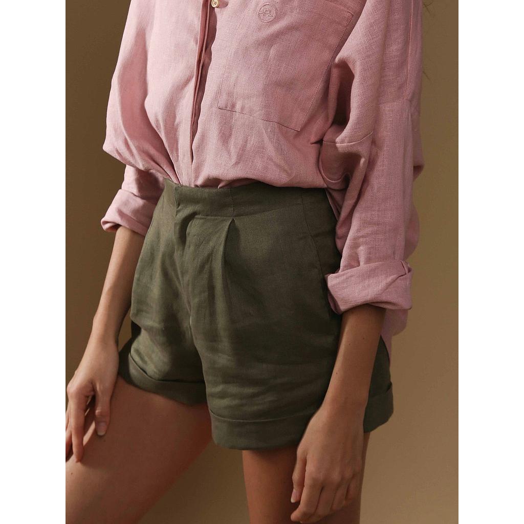Short en lin taille haute Sarah Khaki