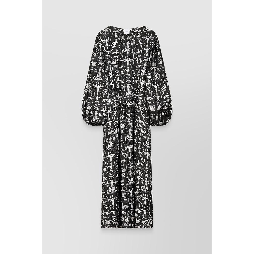 Printed eco twill satin buttoned maxi dress