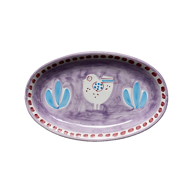 Plat Ovale 25 cm Poule Violet &amp; Bleu Ciel