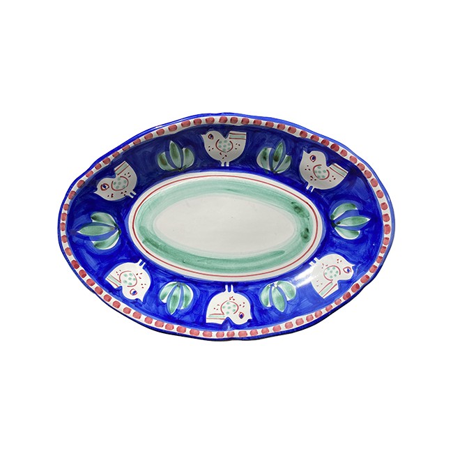 Plat Ovale 35 cm Poule Bleu &amp; Vert