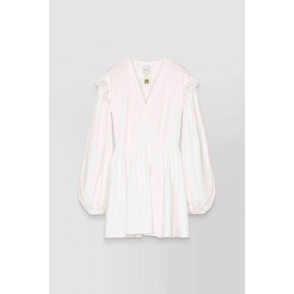 Puff sleeved pleated cotton mini dress