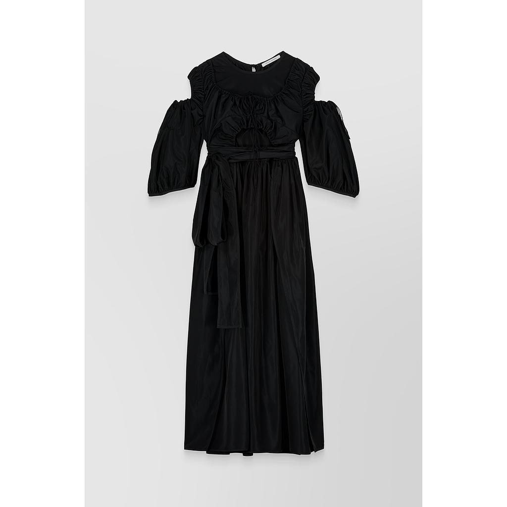 Open shoulder layered recycled faille midi dress