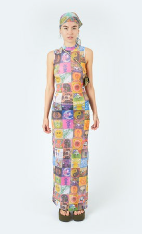 Blotter print mesh maxi dress