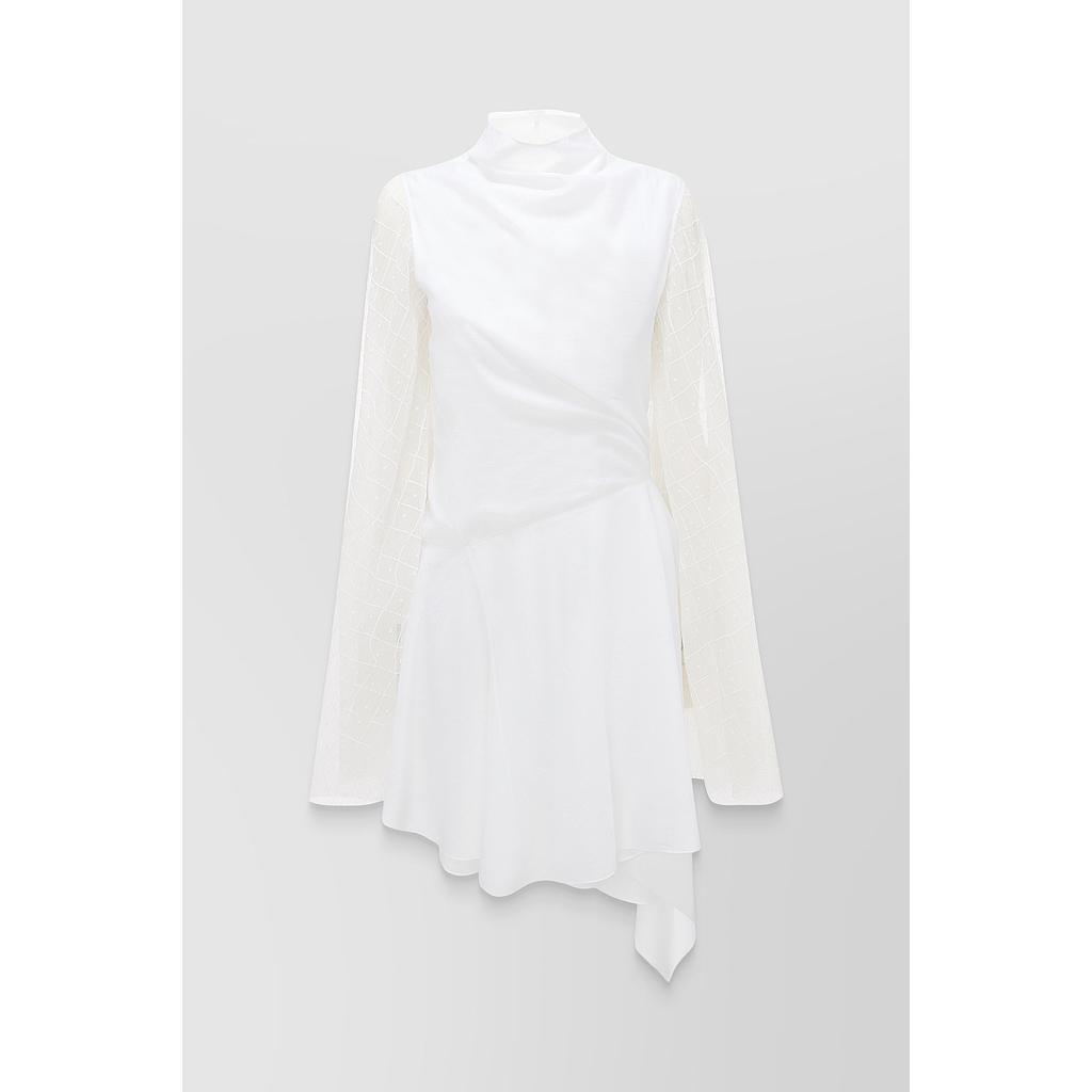 Fluid asymmetric dress with sheer trumpet sleeves
