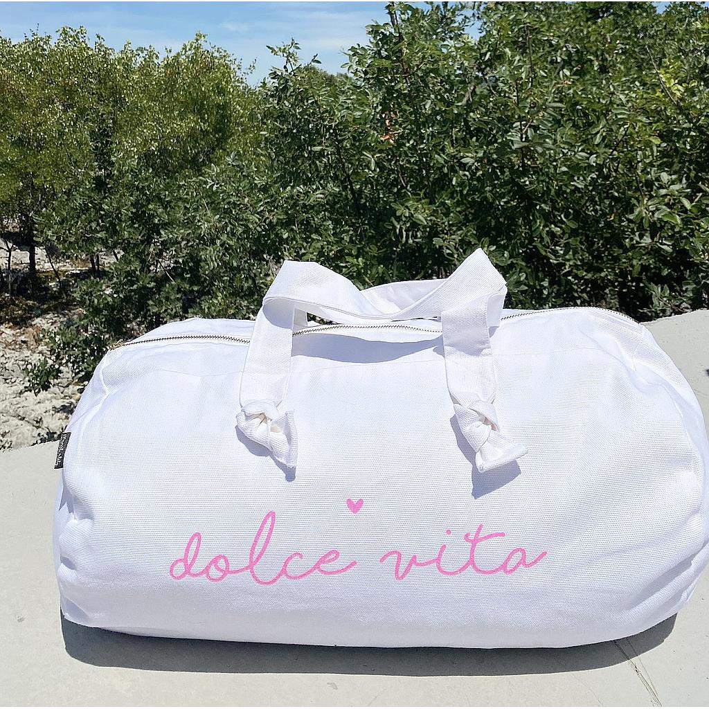 Sac Polochon blanc craie et paillettes rose fluo - Dolce Vita