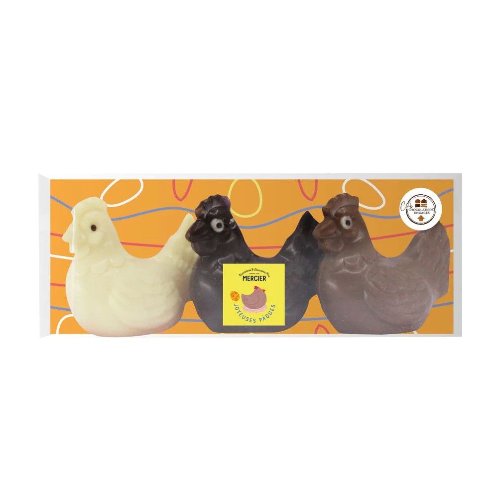 3 poules en chocolat noir, lait et blanc, garnies - 90g