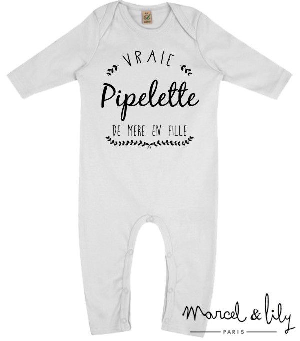 Grenouillère bio + pochon tissu  "Pipelette de mère en fille "