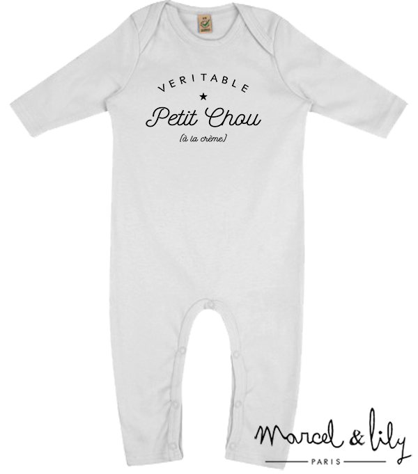 Grenouillère blanche bio + pochon tissu "Petit chou à la crème"