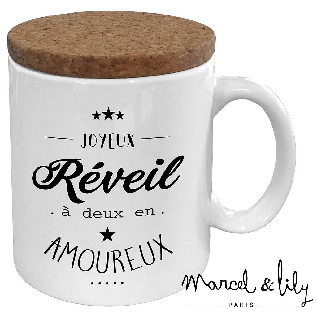 Mug avec son couvercle en liège  " Réveil en amoureux"