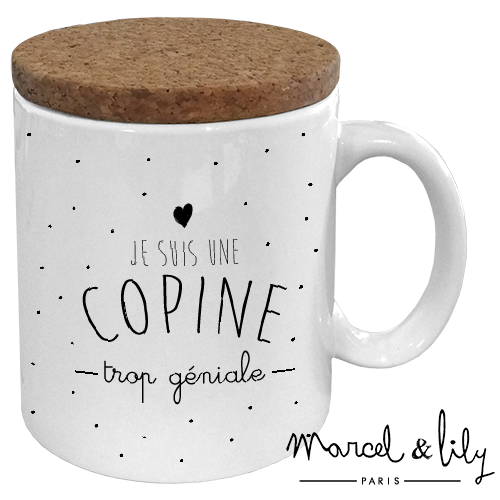 Mug avec son couvercle en liège  "Je suis une copine géniale"