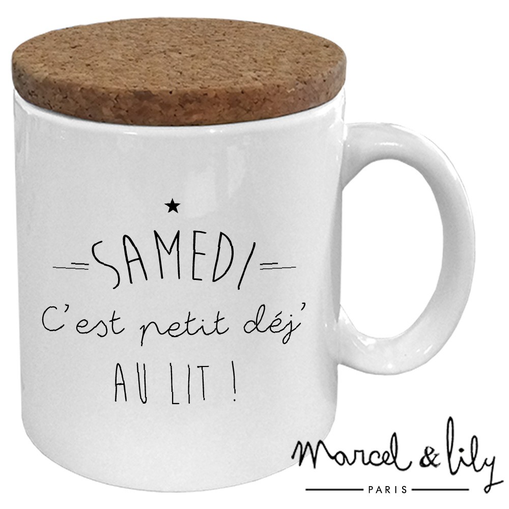 Mug avec son couvercle en liège  "Samedi c'est petit déj' au lit"