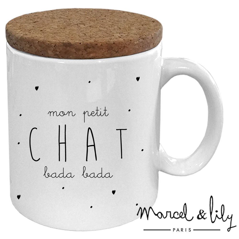 Mug avec son couvercle en liège  "Petit chat bada bada"