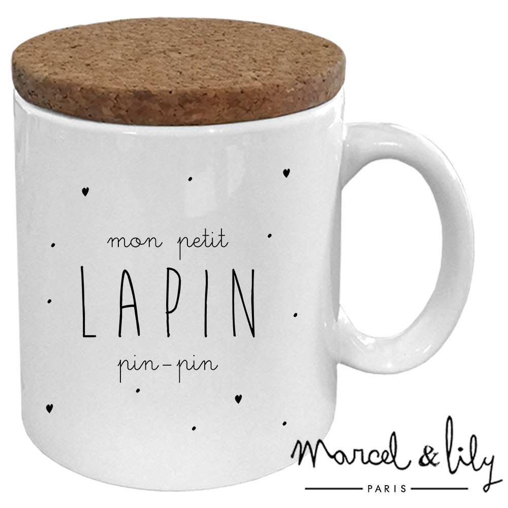 Mug avec son couvercle en liège  "Lapin pin-pin"