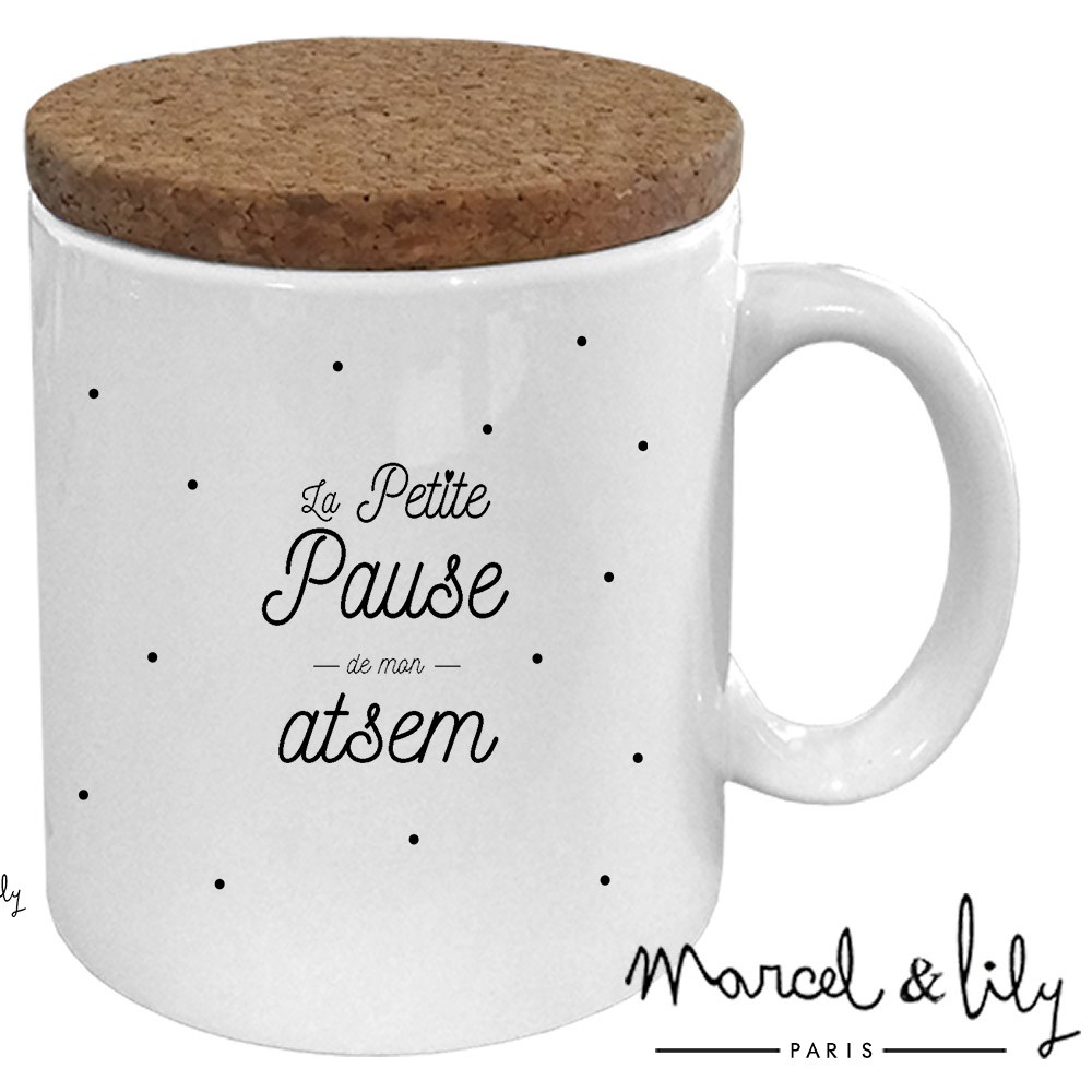 Mug avec son couvercle en liège "Pause de mon ATSEM"