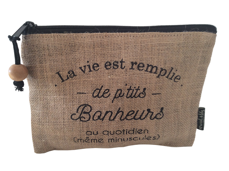 Trousse en jute "La vie est remplie de petits bonheurs"