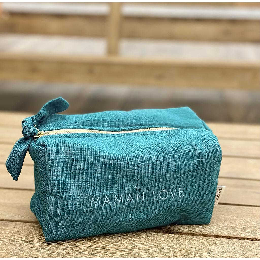 Trousse lin brodée "Maman Love " - bleu Pétrole