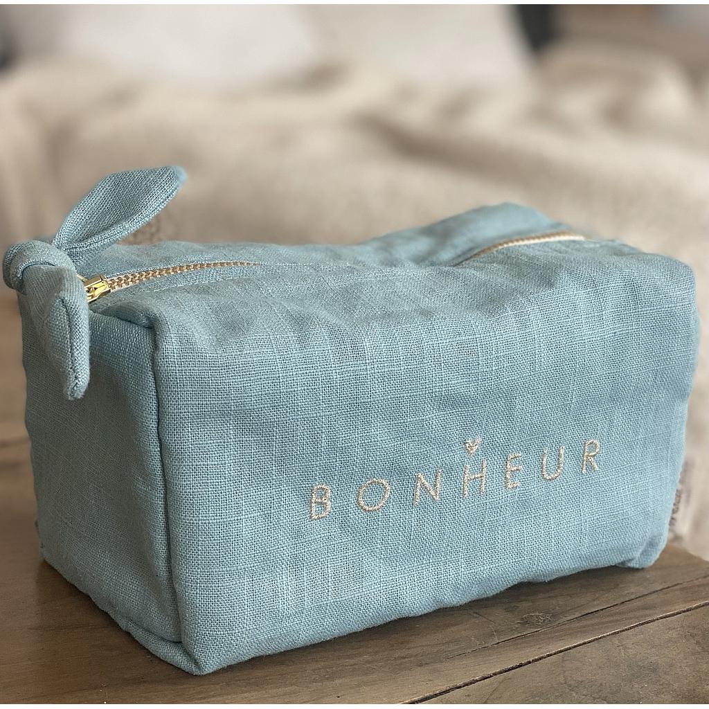 Trousse lin brodée "Bonheur" Bleu Nile