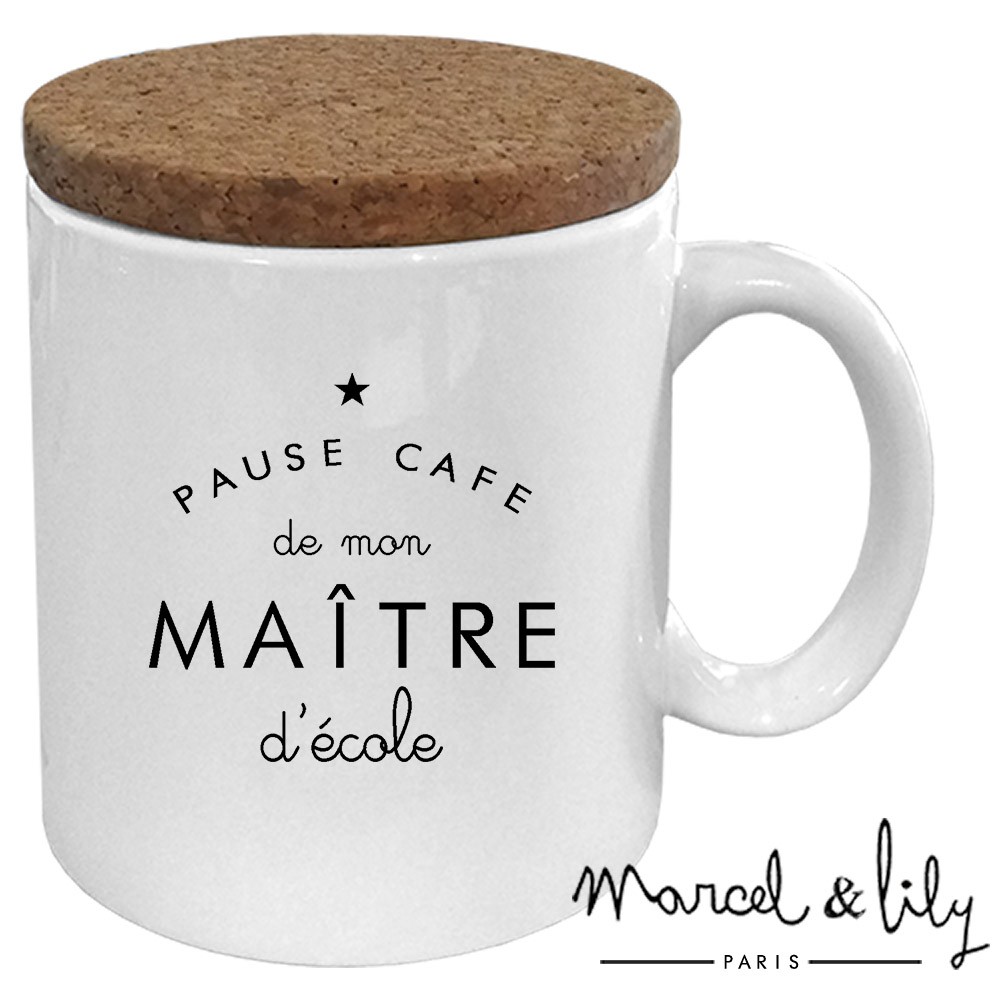 Mug avec son couvercle en liège "Pause café de mon maître"