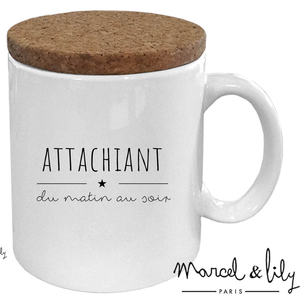 Mug avec son  couvercle en liège "Attachiant"
