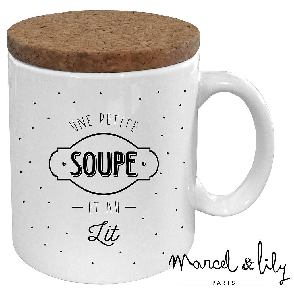 Mug avec son couvercle en liège  "Une soupe et au lit"