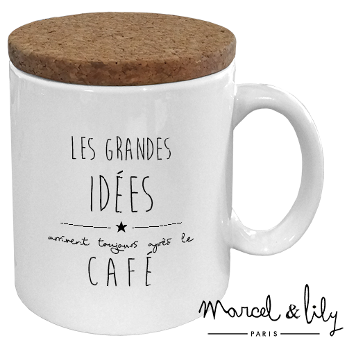Mug avec son couvercle en liège  " Les grandes idées arrivent toujours après le café "