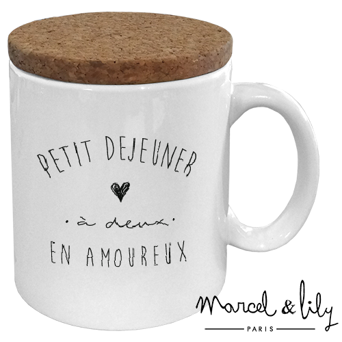 Mug avec son couvercle en liège  "Petit Déjeuner en amoureux"