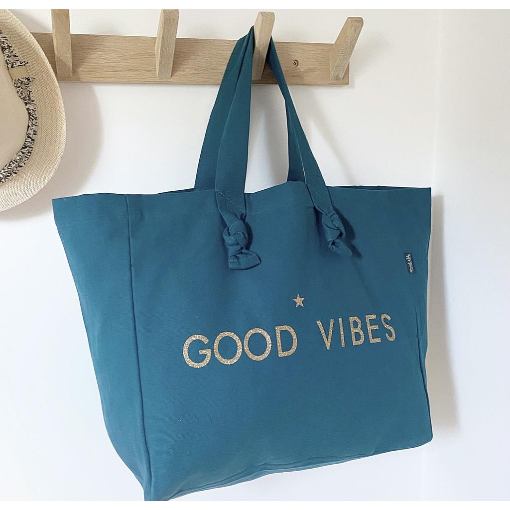Cabas Lily  bleu paon " Good Vibes"