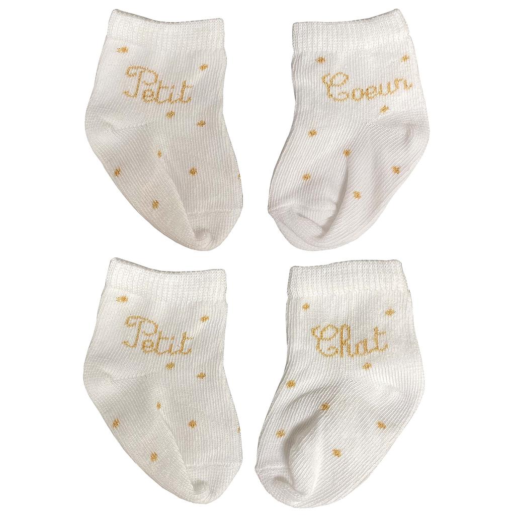 Lot de Chaussettes naissance " petit coeur et petit chat" blanc et or