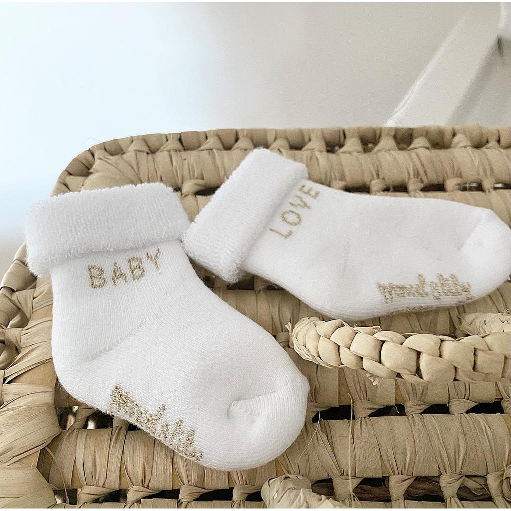 Chaussettes naissance " Baby Love" milk et or
