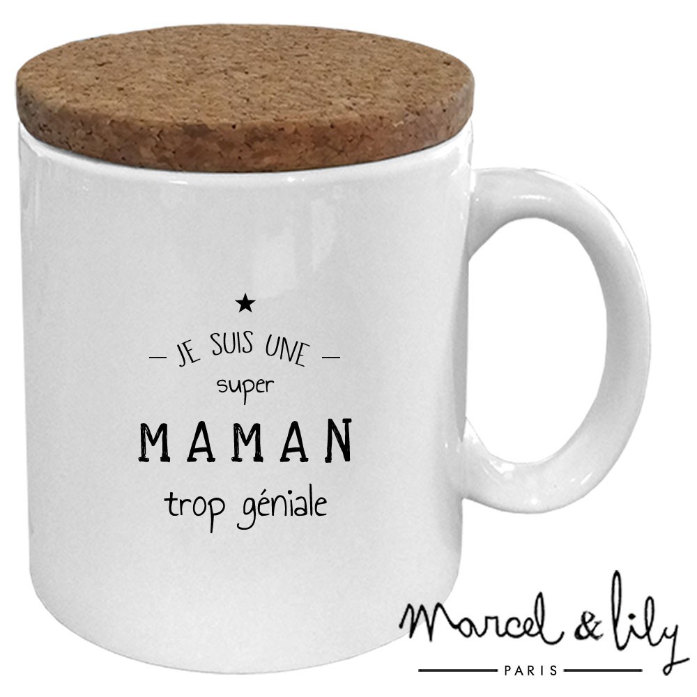 Mug avec son couvercle en liège "Je suis une maman trop géniale"