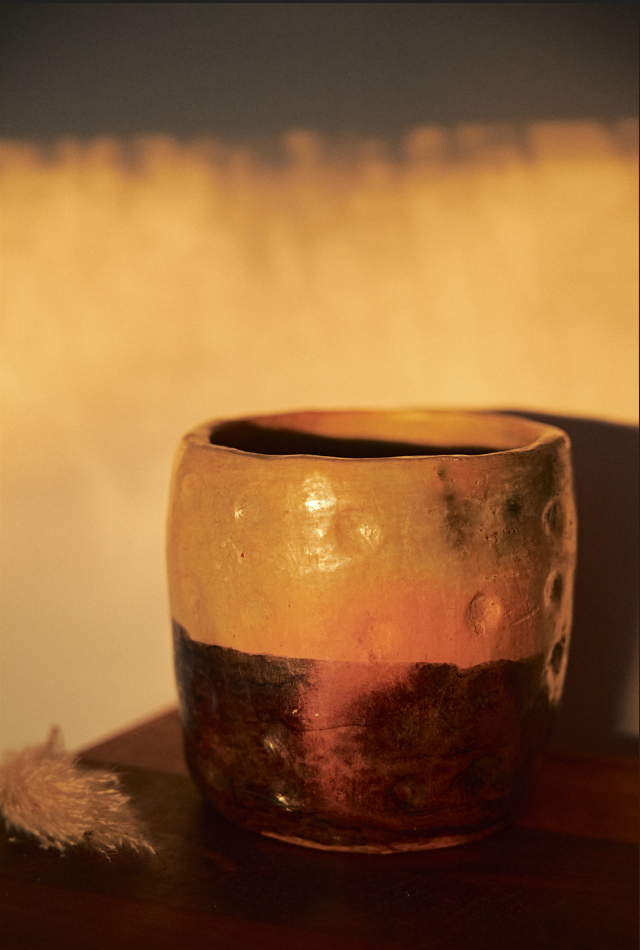 Poterie - Pot beige/ noir empreintes
